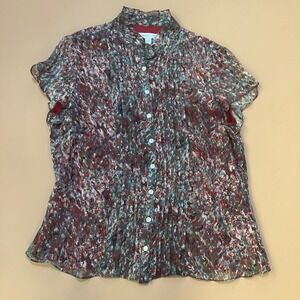 Coldwater Creek 100% Silk Womens Abstract Print Red Button Down Top Blouse Large